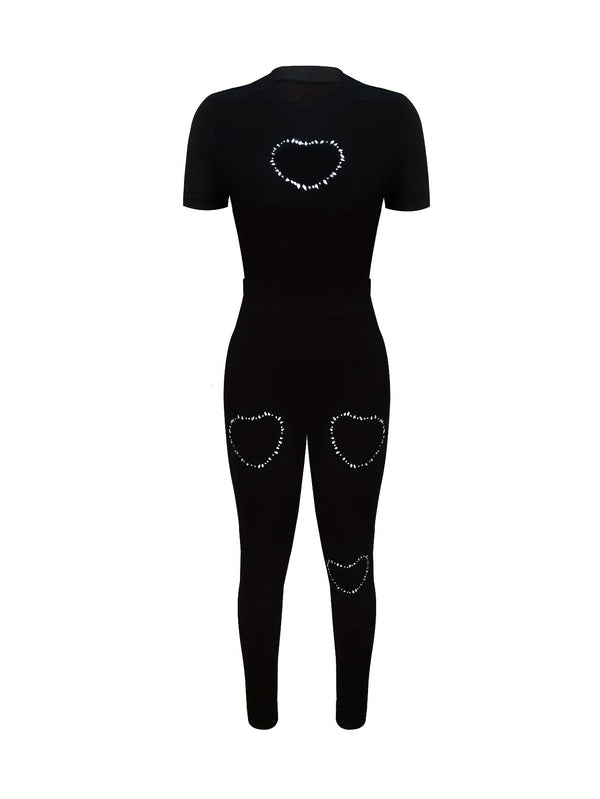 Women’s Solid Color Heart Rhinestone Short Sleeve Set.