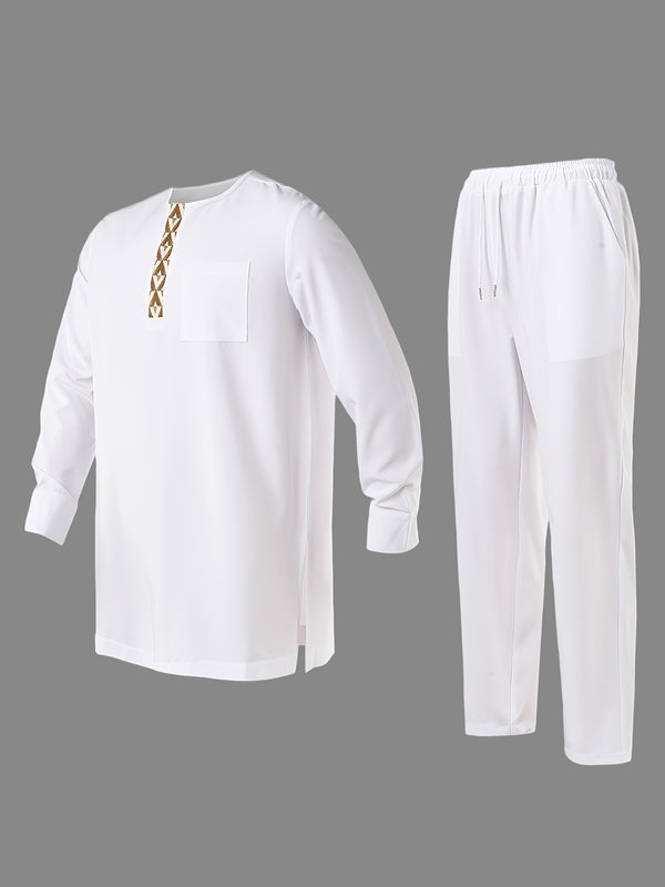 Men's Agbada Three-Piece Set, Round Neck, Hidden Buttons.