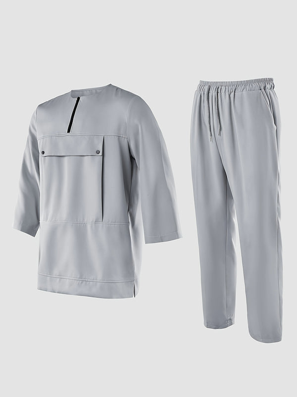 Men's Casual 2pcs Set, Round Neck, Short Sleeve, Zipper, Faux Pocket Design.