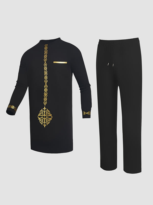 African Dashiki Men's Set, Long Sleeve, Button-Up, Stand Collar.