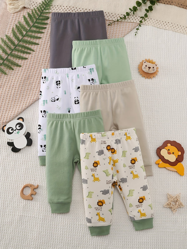 Six-Piece Set of Comfortable Cartoon Panda And Lion Print Long Pants for Baby.