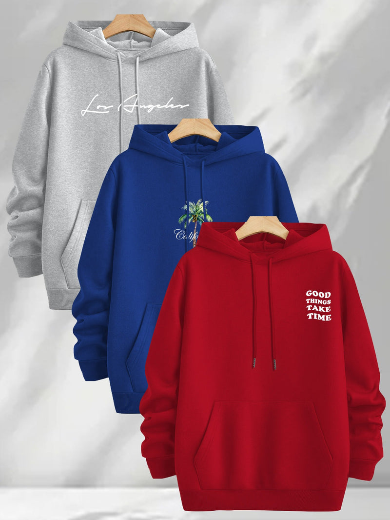 3pcs Trendy Print Sweatshirt, Men's Casual Hooded Sweatshirt.