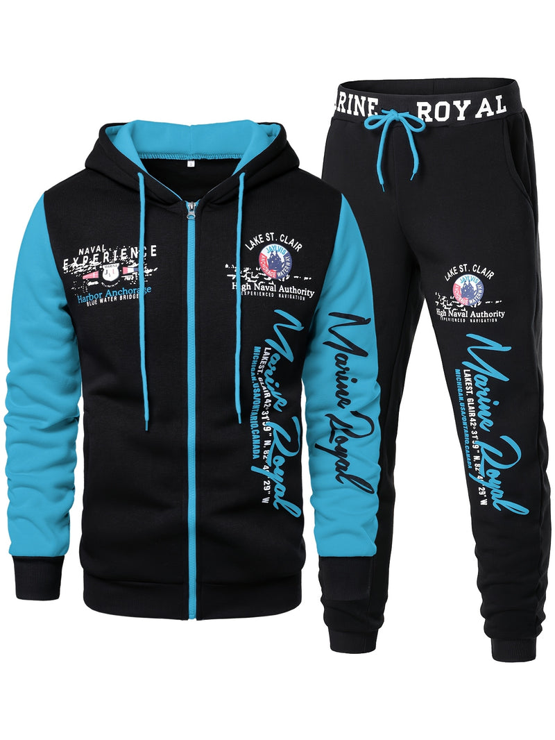 Men's Hiphop Outfit, Letter Print Long Sleeve Full-Zip Casual Jacket And Loose Jogger Pants.