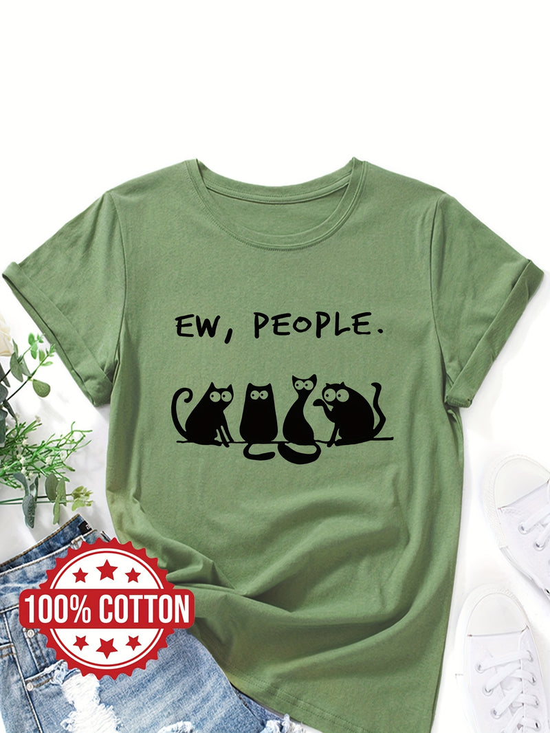 Women’s cat Print Ladies' T-shirt Casual Top for Summer & Spring.