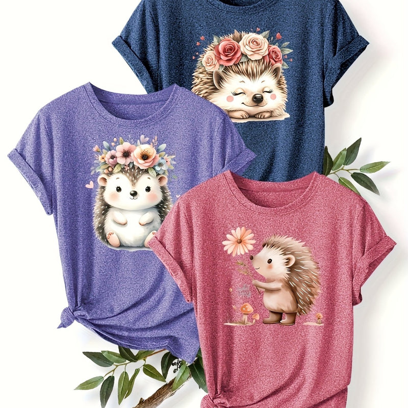 3pcs Women's Cute Hedgehog Graphic T-Shirts.