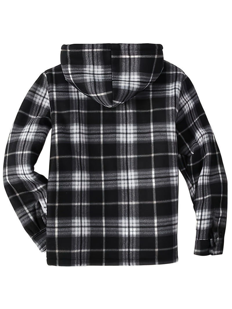 Men's Warm Jacket with Sherpa Lining, Plaid Hooded Zip-Up Winter Coat.