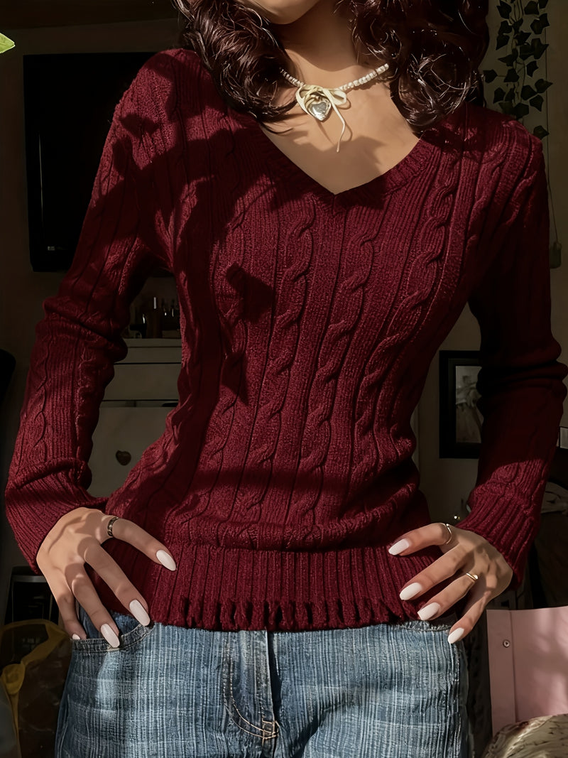 Women's Slim-Fit V-Neck Cable Sweshirt.