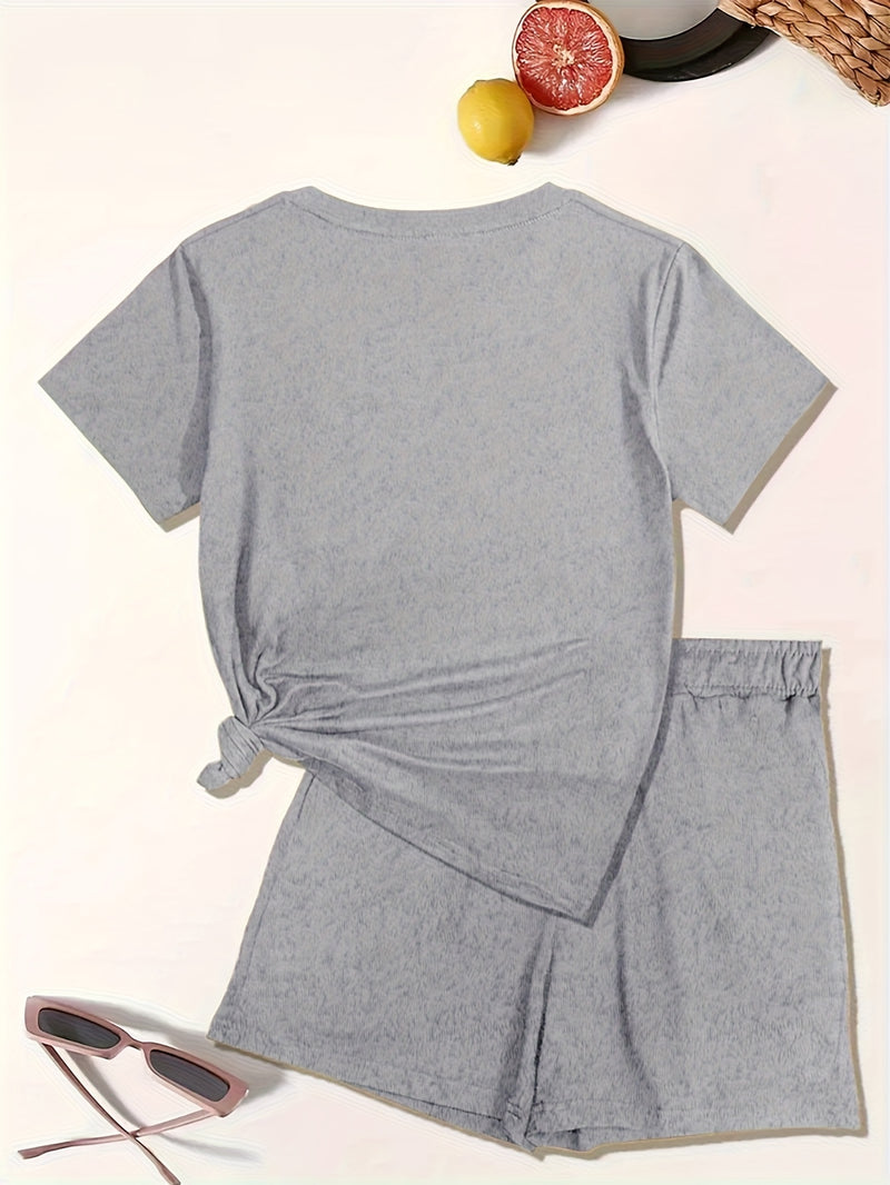 Women’s Graphic Print Two Piece Set, Short Sleeve T-shirt & Shorts.