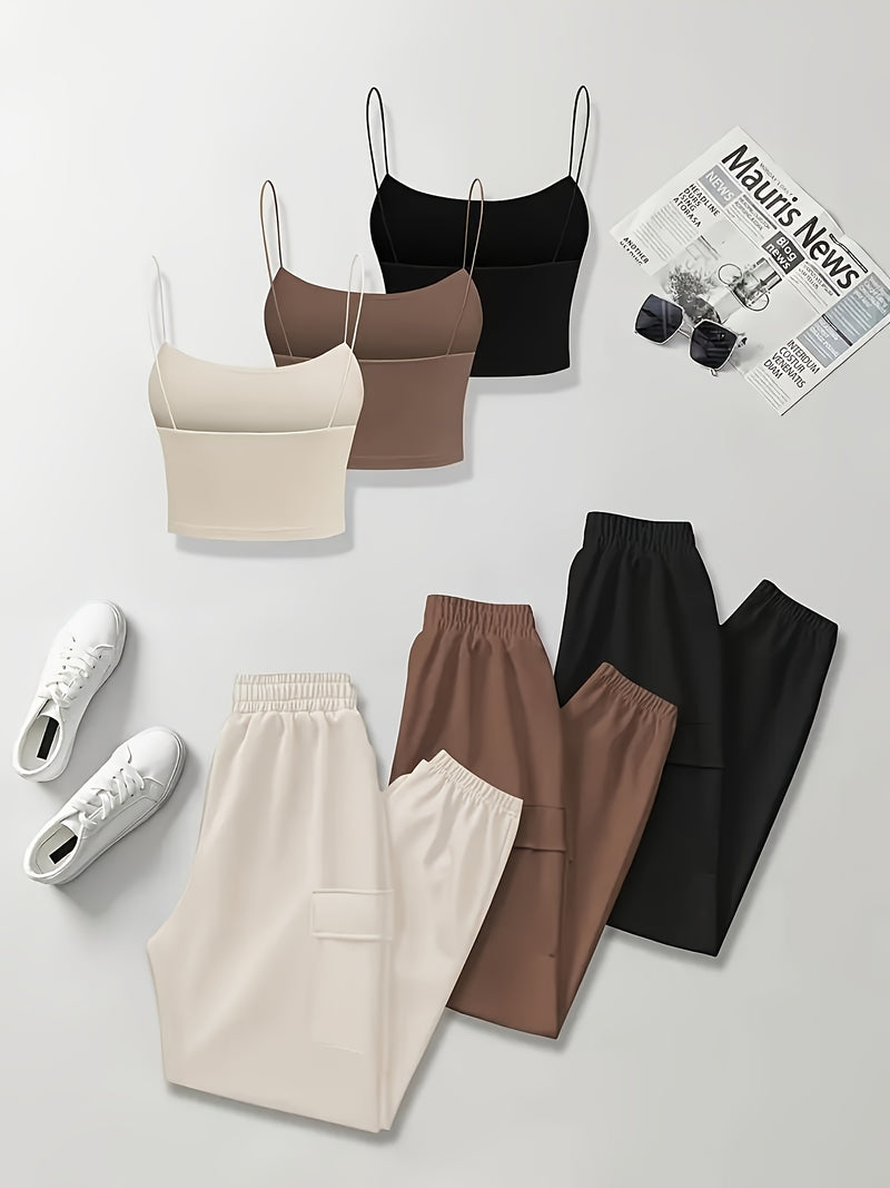Set of 6 Items Including a Women's Thin Strap Tank Top And Solid Color Long Pants.