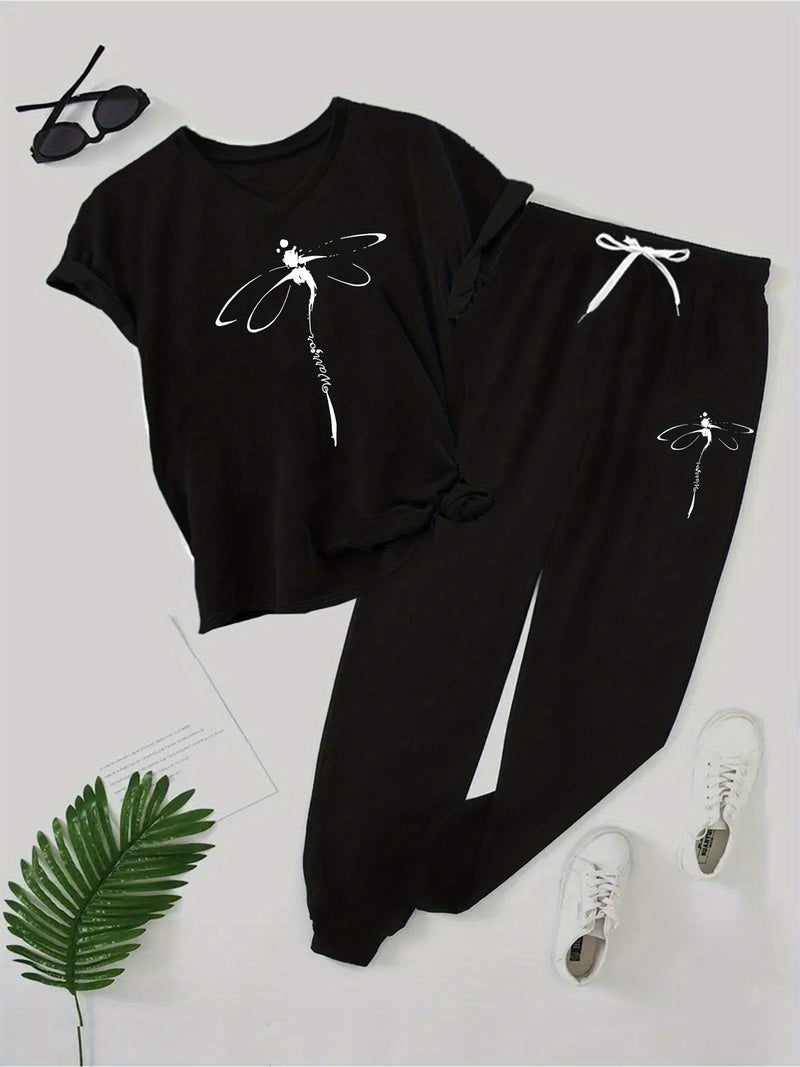 Women's 2pcs Outfit - Batwing V-Neck Top with Dragonfly & Letter Print.