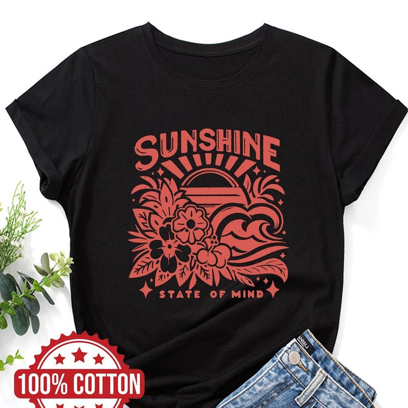 Women's Casual Crew Neck T-Shirt with "SUNSHINE" Graphic Print.