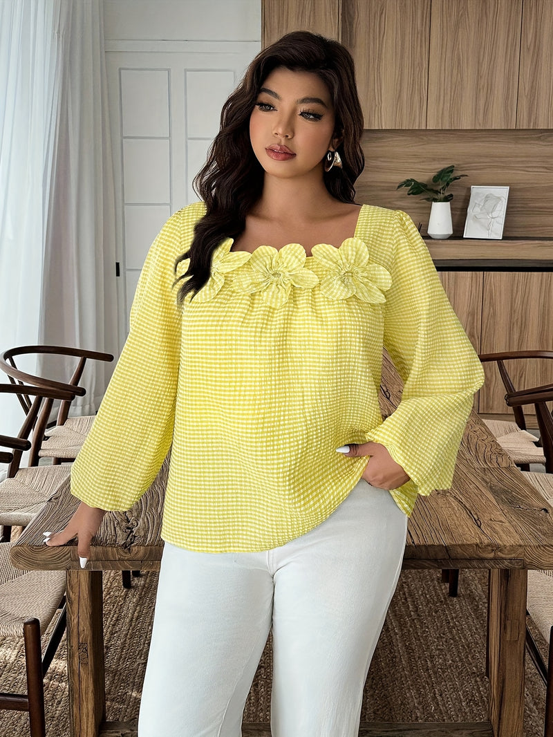 Plus Size Checkered Floral 3D Decorative Long Sleeve Women's Autumn Shirt.