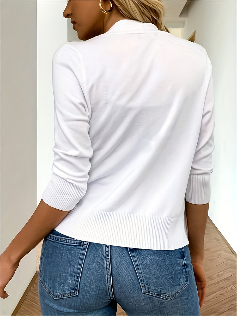 Solid Color Open Front Knit Cardigan, Casual 3/4 Sleeve Top.