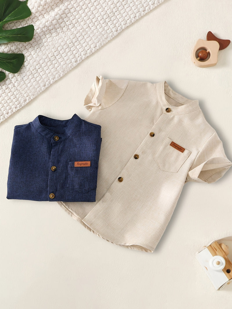 2pcs Boys Summer Stand Collar Short Sleeve Shirts.