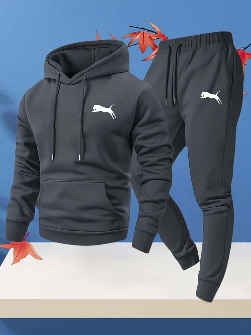 Fashion Versatile Warm 250gsm Hooded Sweatshirt + Pants Two-Piece Set for Men.