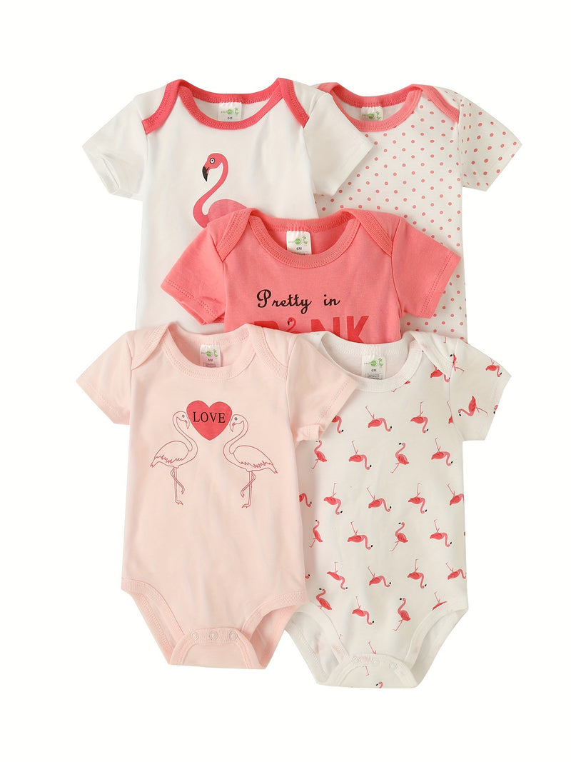 5pcs Newborn Baby Girl Bodysuit Set, Cute Casual Romper with Embroidery.