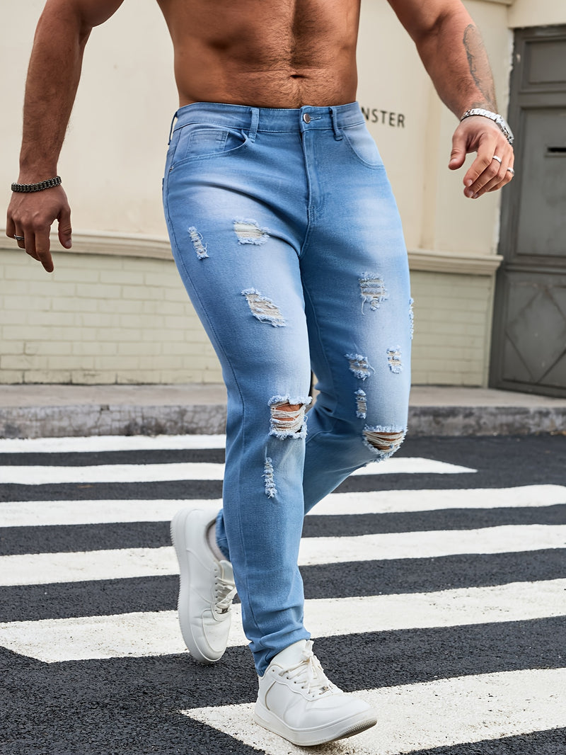 Men's Skinny Ripped Jeans Medium Stretch, Solid Color, All-Season Fit.