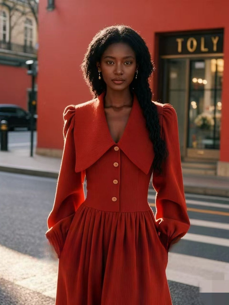 Women’s  Spring Slim-Fit Petite Red Collared Dress.