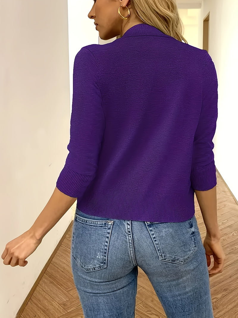 Solid Color Open Front Knit Cardigan, Casual 3/4 Sleeve Top.
