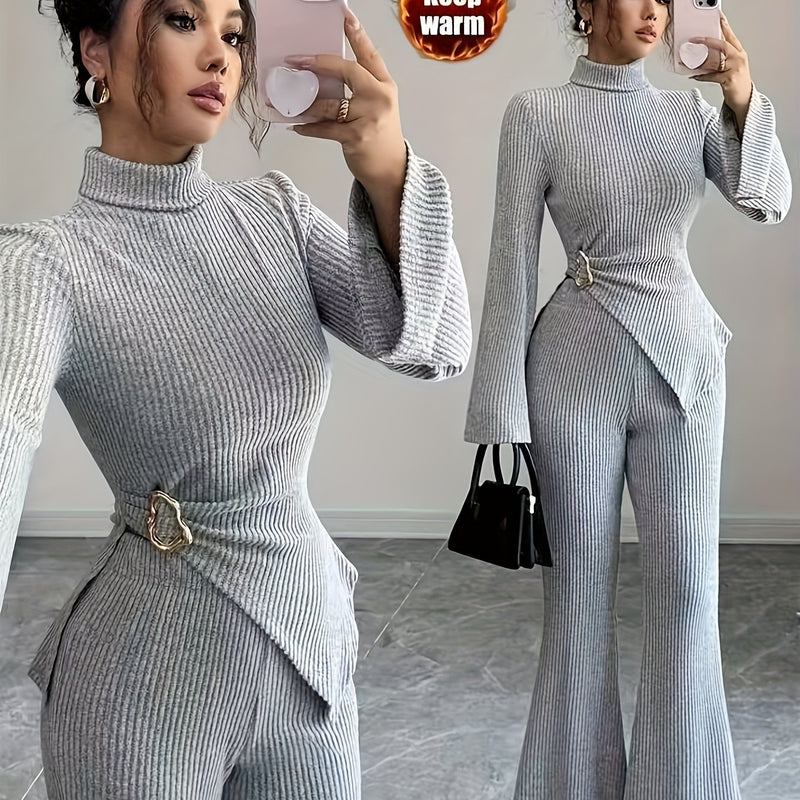 Women's Autumn And Winter Fleece Turtleneck Asymmetrical Hem Long Sleeve Pants.