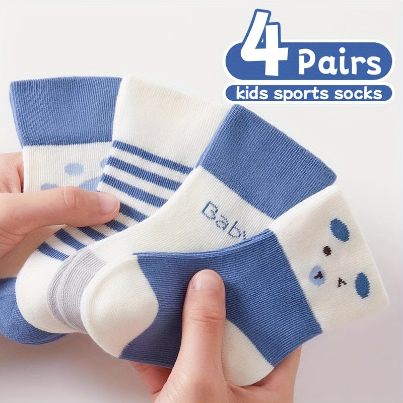 Y03-Blue Bear-4 Pairs of Baby Socks for Spring, Autumn, And Winter.