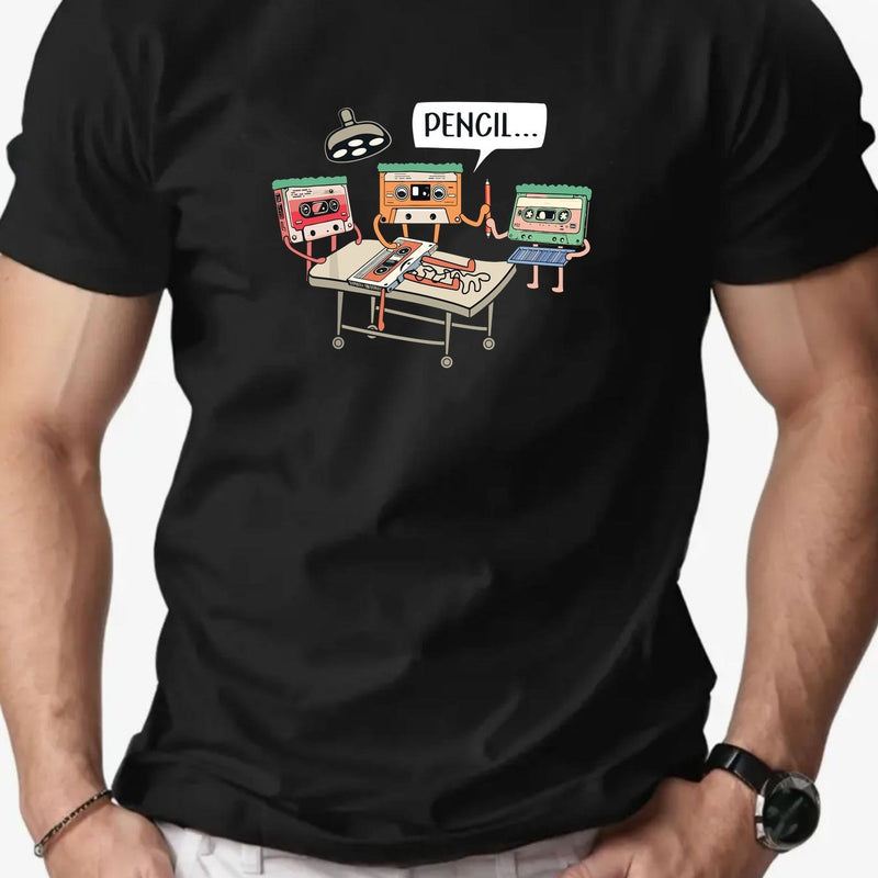 Men's Summer Casual Crew Neck Short Sleeve T-Shirt with Tape Pattern.