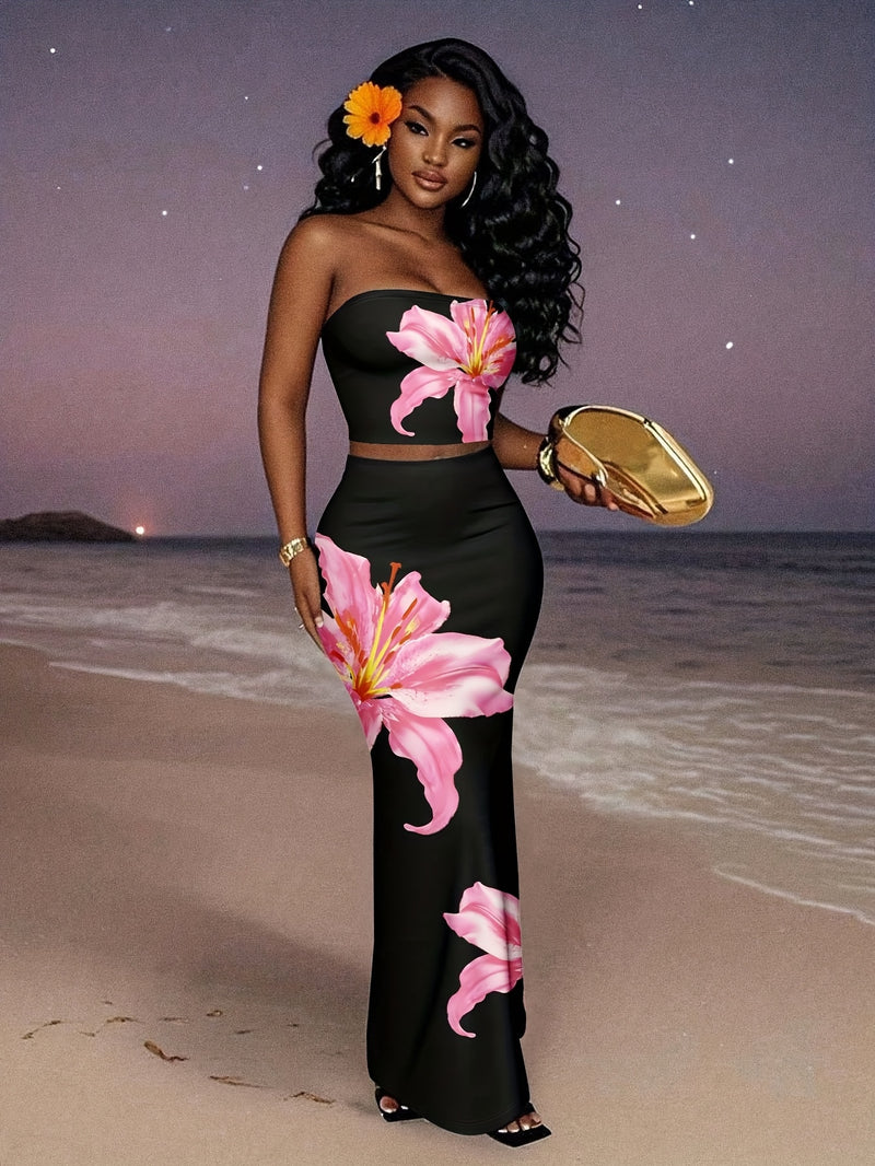 Black Powder Lily Floral Two-Piece Set Strapless Short Top+Extra Long Skirt.