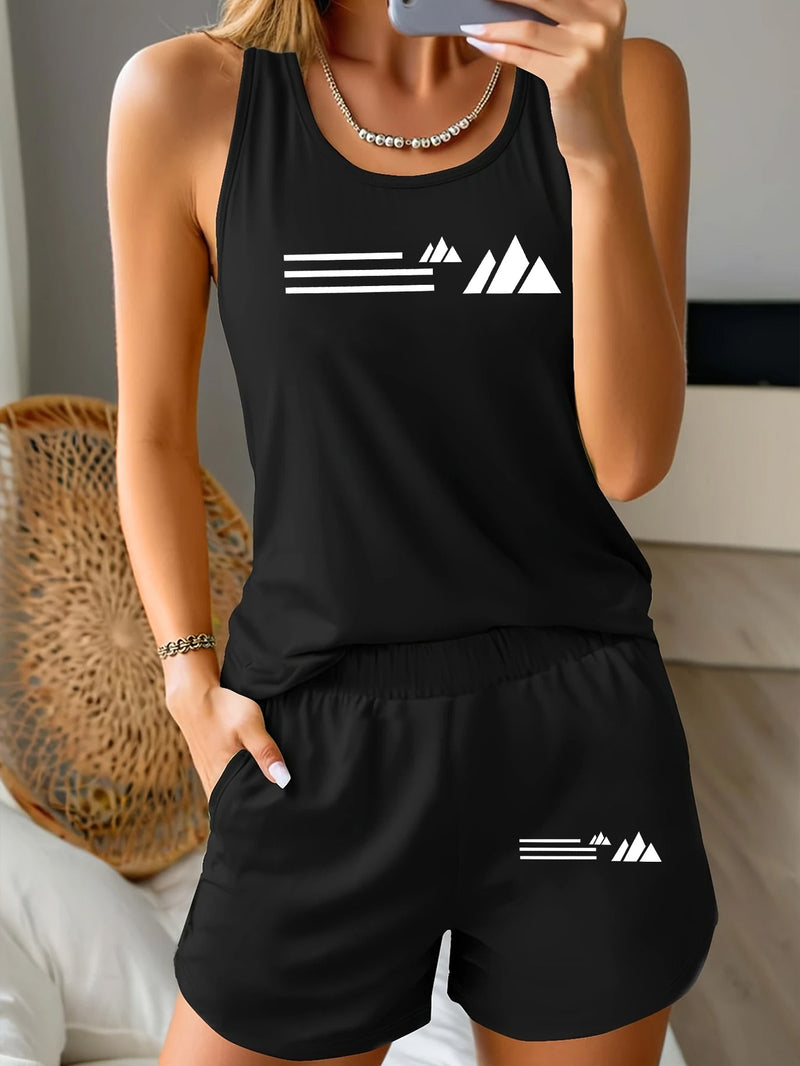 Women's Sportswear Summer Casual Fashion Vest + Shorts Fitness 2pcs Set.