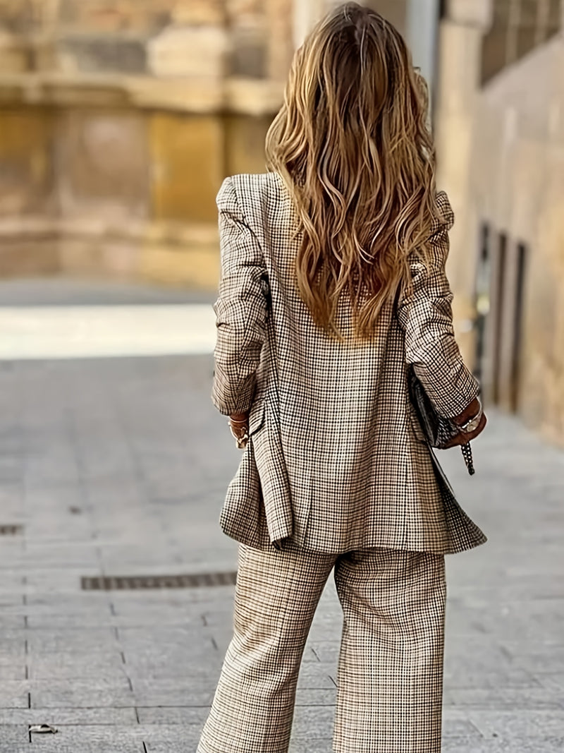 Women's Product: Lined Plaid Suit Jacket Top + Plaid Wide-Leg Pants Suit.