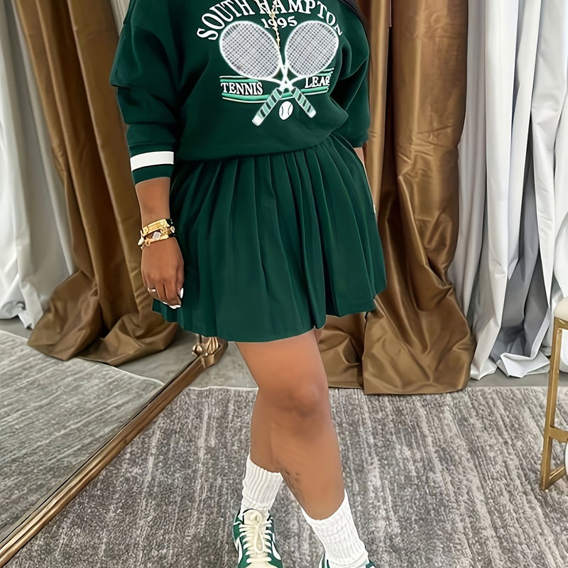 Women’s Printed Sweatshirt And Pleated Skirt Two-Piece Set.