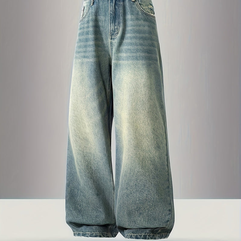 Men's Black Wide-Leg Loose-Fitting Jeans That Drag on The Ground.