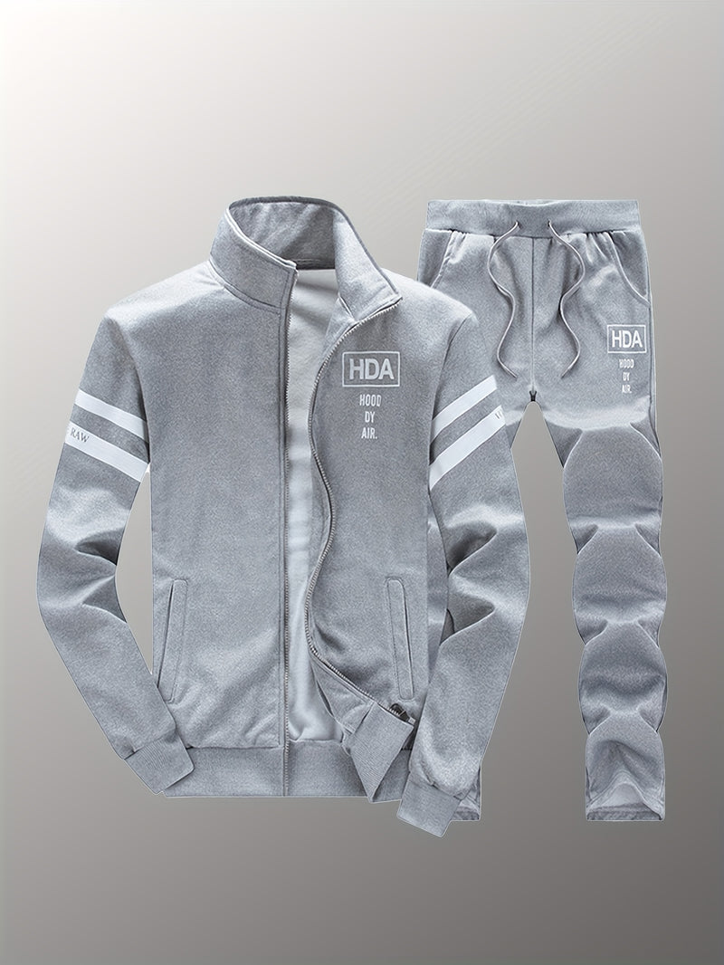 Men's Tracksuits 2pcs Set - Stand Collar Ribbed Hem Sportswear.