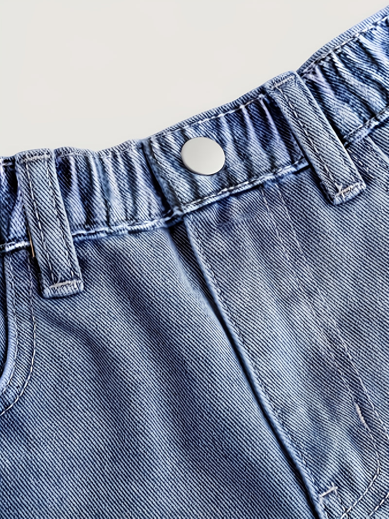 Girls' Faux Denim Shorts - Stylish Deep Blue Faux Denim with Star Patch Design.