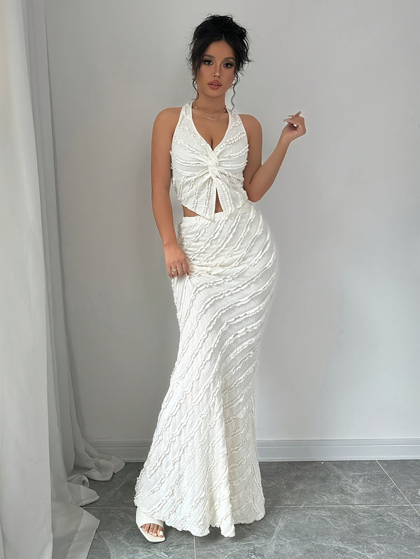 Women's 2pcs Sleeveless V-Neck Twist Halter Backless Bodycon Mermaid Dress.