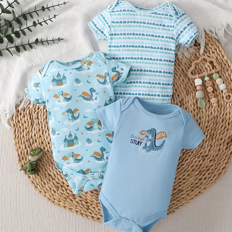 3pcs Newborn Baby Dinosaur Embroidered Bodysuits.