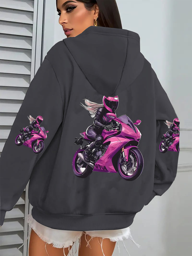 Ladies' Zipper Hoodie, Handsome Female Rider Cycling Pattern.