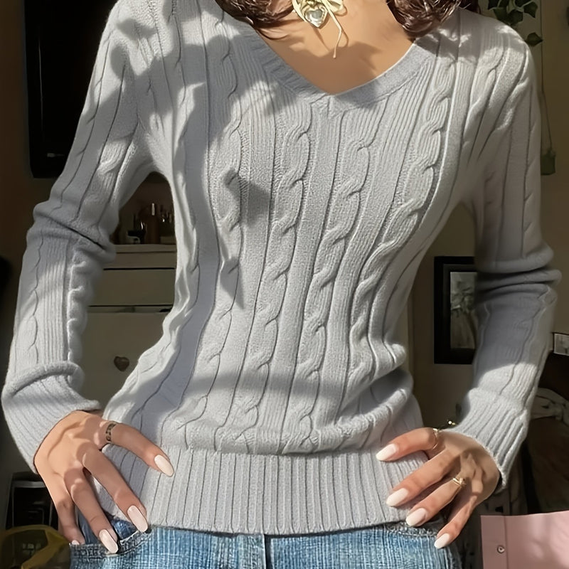 Women's Slim-Fit V-Neck Cable Sweshirt.