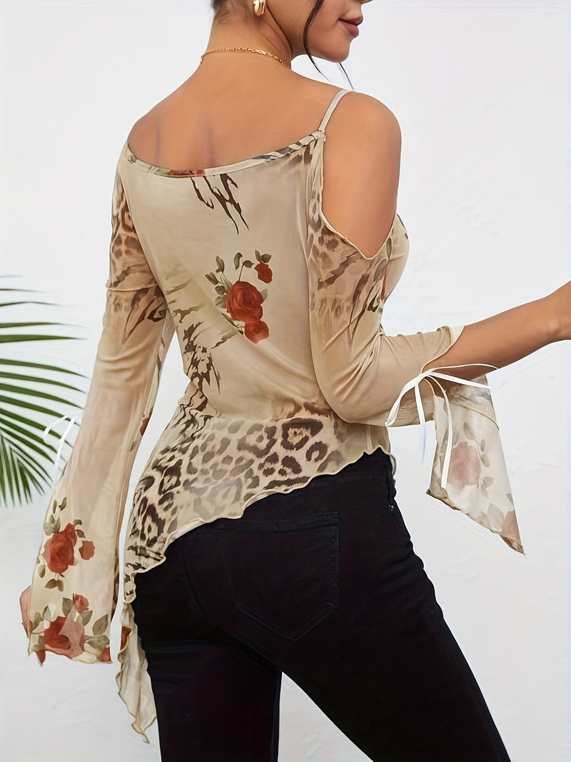 Women's Patterned Off-Shoulder Long-Sleeve Top with a Diagonal Hem.