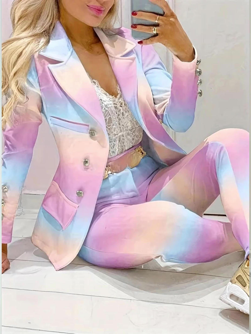 Women’s New Chain Print Double-Breasted Suit Set for Attracting Wealth.