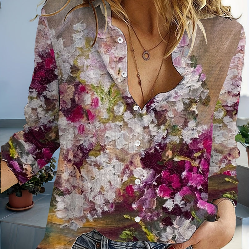 Elegant Women's Floral Print Button-Up Shirt.