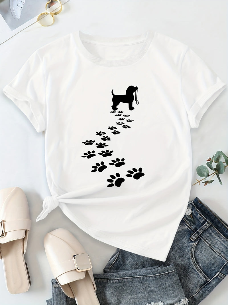 Women's Casual Short Sleeve T-Shirt with Dog Silhouette & Paw Print Graphic.