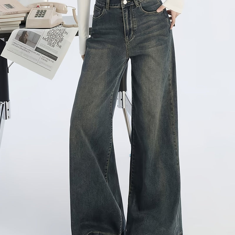 Double Button Jeans - Women's Low-Rise Wide Leg Denim.