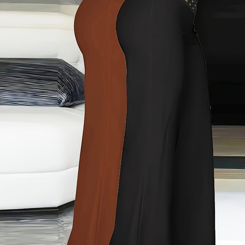 2pcs Women’s Fashion Solid Color Cross Transparent Mesh Patch High-Waisted Pants.