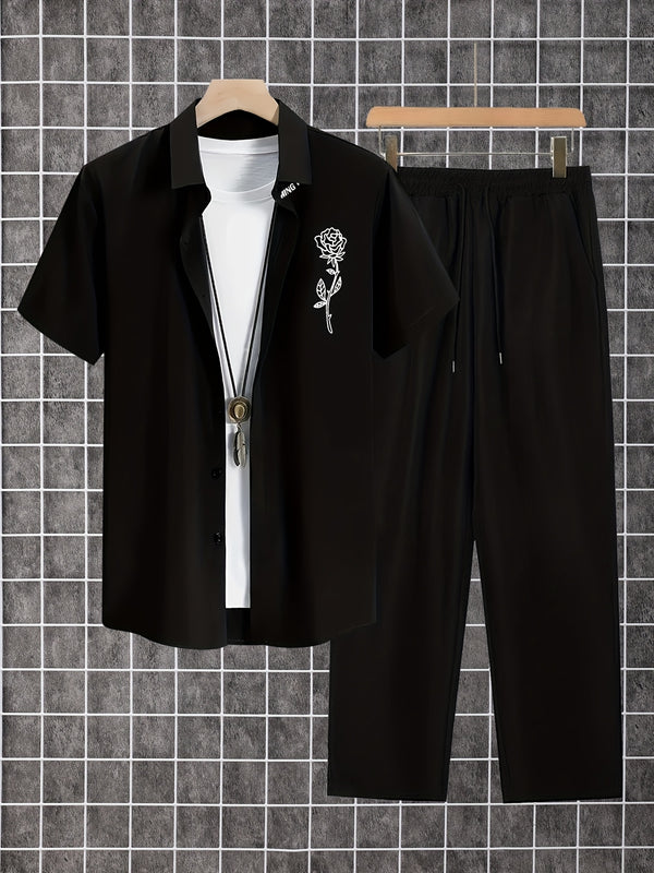 2pcs Printed Men's Summer Short Sleeve Button Shirt and Long Pants Set.