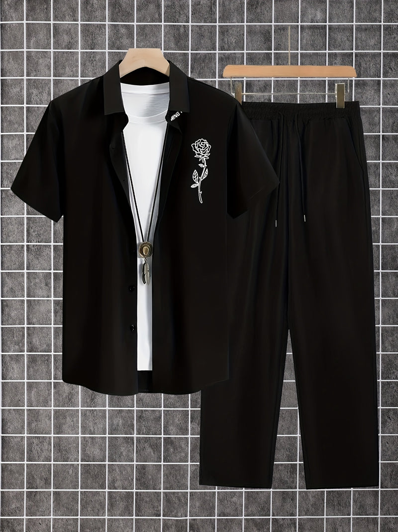 2pcs Printed Men's Summer Short Sleeve Button Shirt and Long Pants Set.