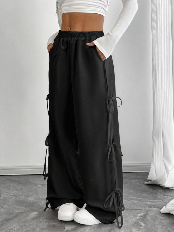 Women’s Elastic Waist Suitable for Spring, Wide-Leg Pants with Side Bow.