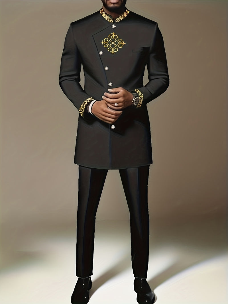 Men's 2pcs Suit Set, Embroidered, Stand Collar, Long Sleeve.