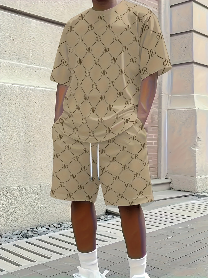 Men's Casual Two-Piece Set Featuring Short Sleeves with English Letter Prints.