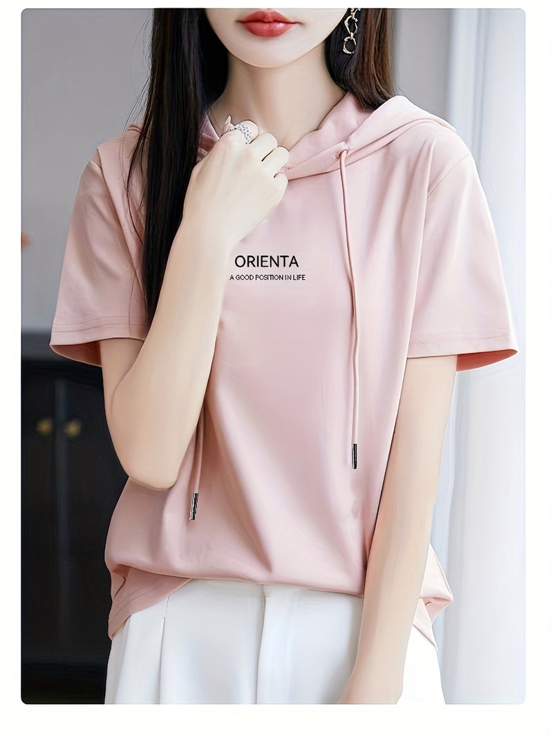 Summer New Korean Version Loose Short Sleeve Thin Trendy Printed Hooded T-Shirt for Women.