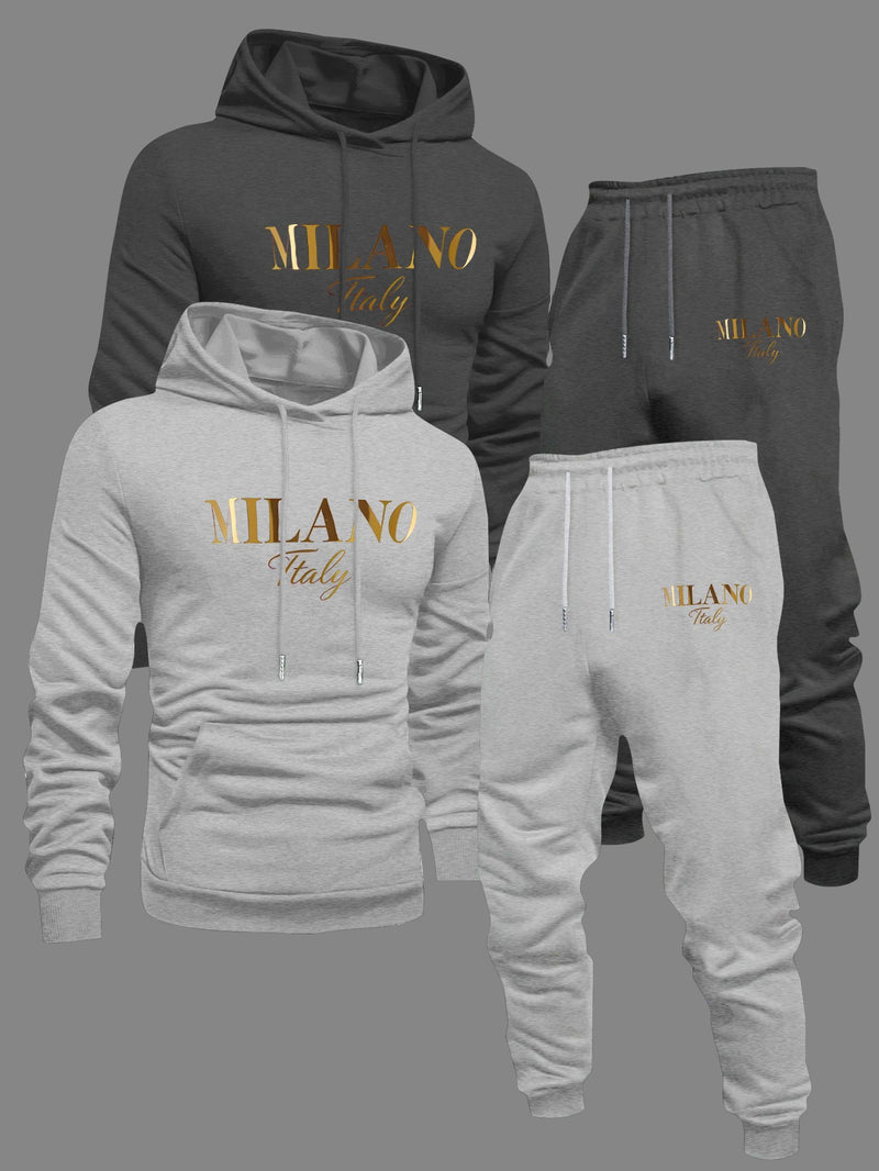 Men's Fashion Slogan Hoodie Four-Piece Set with Drawstring Elastic.